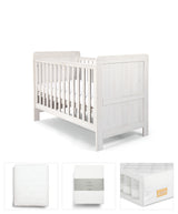 Atlas 4 Piece Set with Cotbed, Mattress, Fitted Sheets & Mattress Protector - White Wash