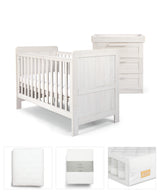 Atlas 5 Piece Set with Cotbed, Dresser Changer, Mattress, Fitted Sheets & Mattress Protector - White Wash