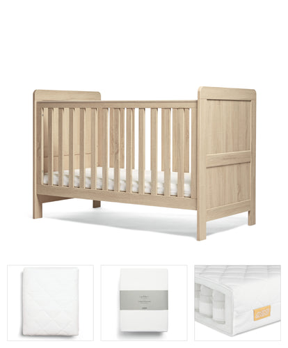 Atlas 4 Piece Set with Cotbed, Mattress, Fitted Sheets & Mattress Protector - Light Oak